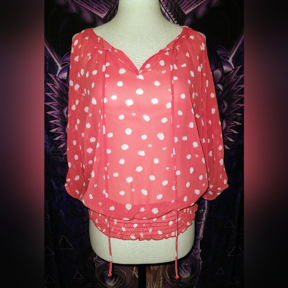 BCX Orange And White Polka Dot Sheer Cold Shoulder Top ~ Sz S